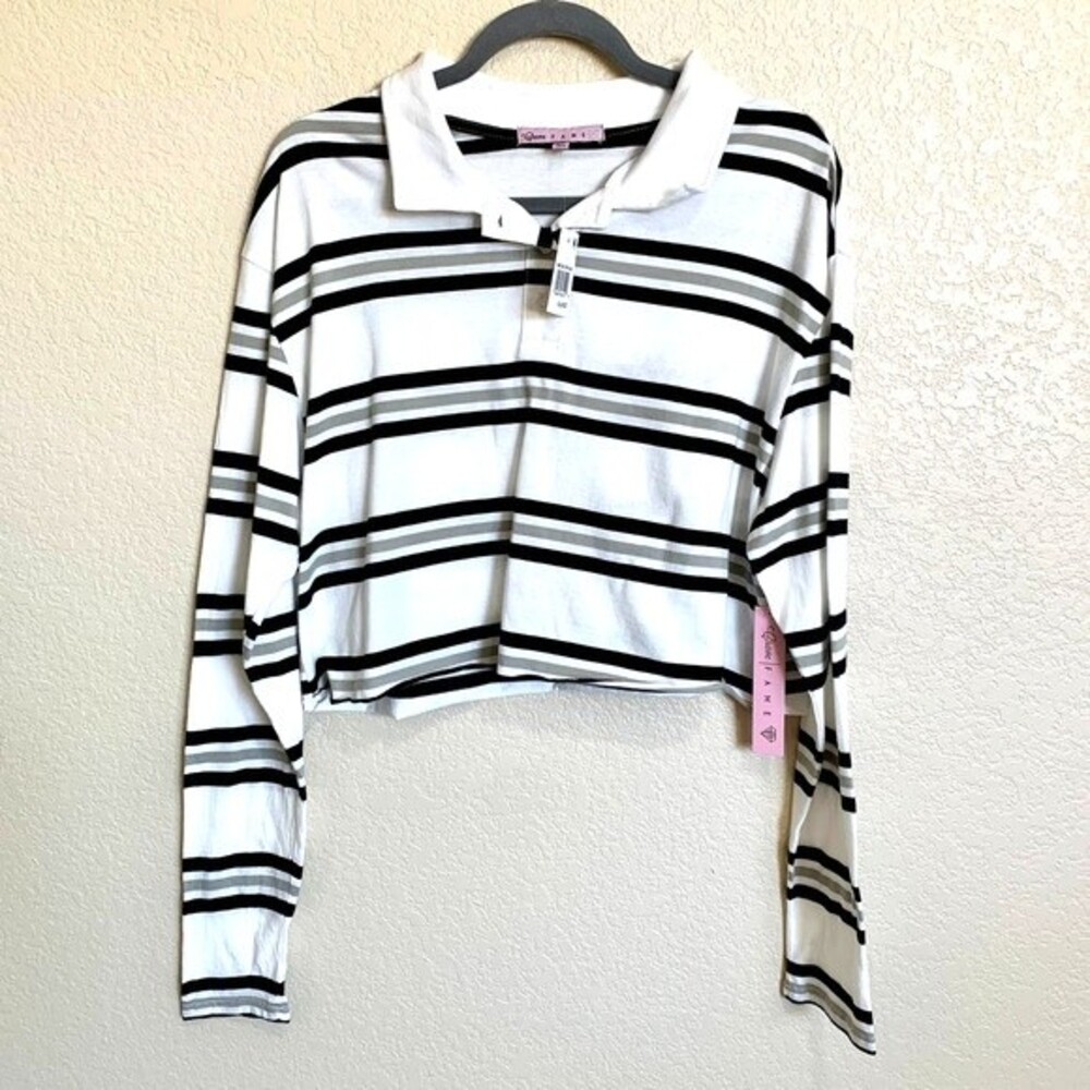 Crave Fame  black and white striped top women long sleeve collar size XL preppy